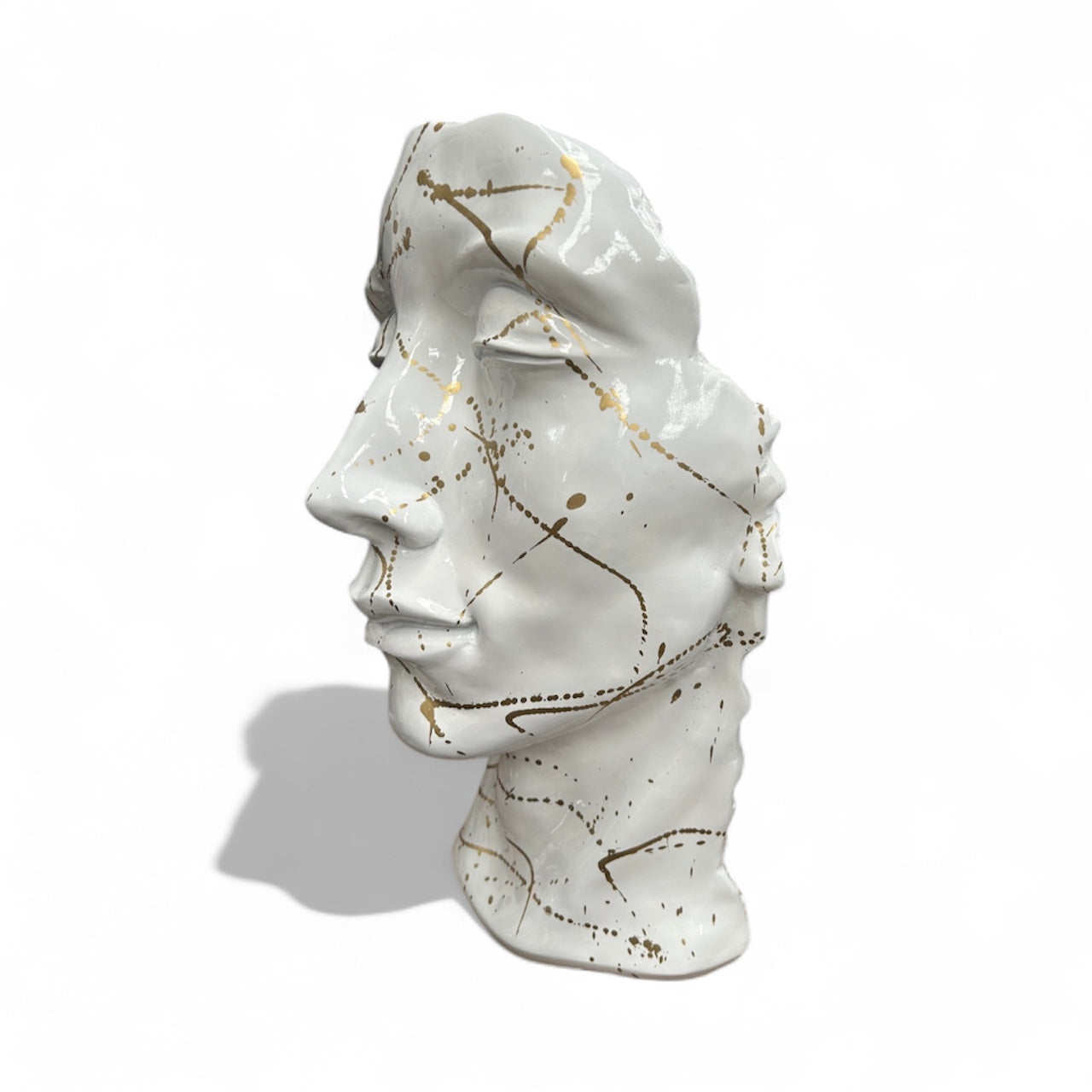 White & Gold Splash Face Sculpture – Modern Artistic Head Statue