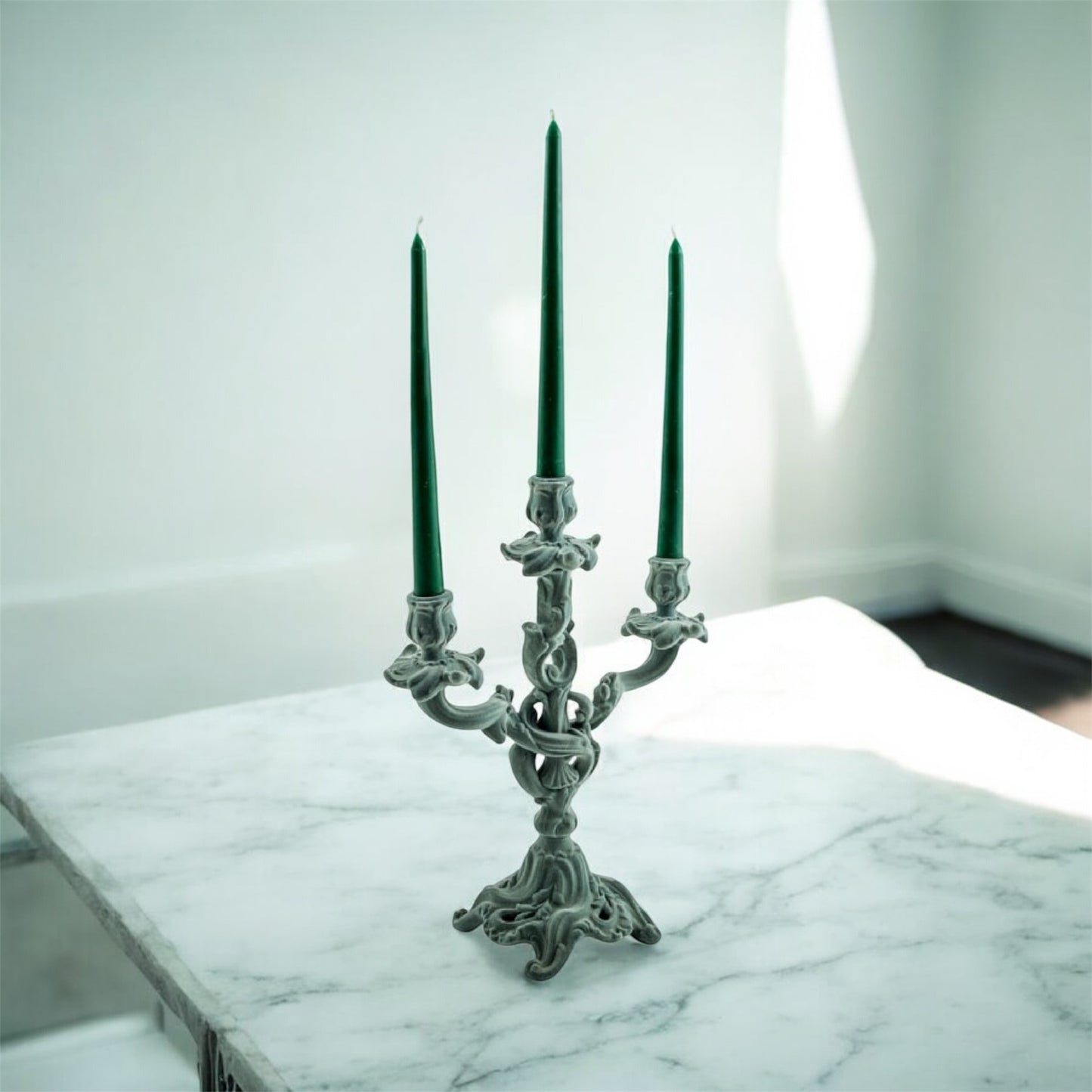 Light Grey/Blue Flock Ornate Candelabra – Luxe Velvet-Look Candle Holder