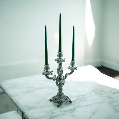 Light Grey/Blue Flock Ornate Candelabra – Luxe Velvet-Look Candle Holder
