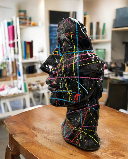 Black Splash Face Sculpture – Modern Artistic Head Statue
