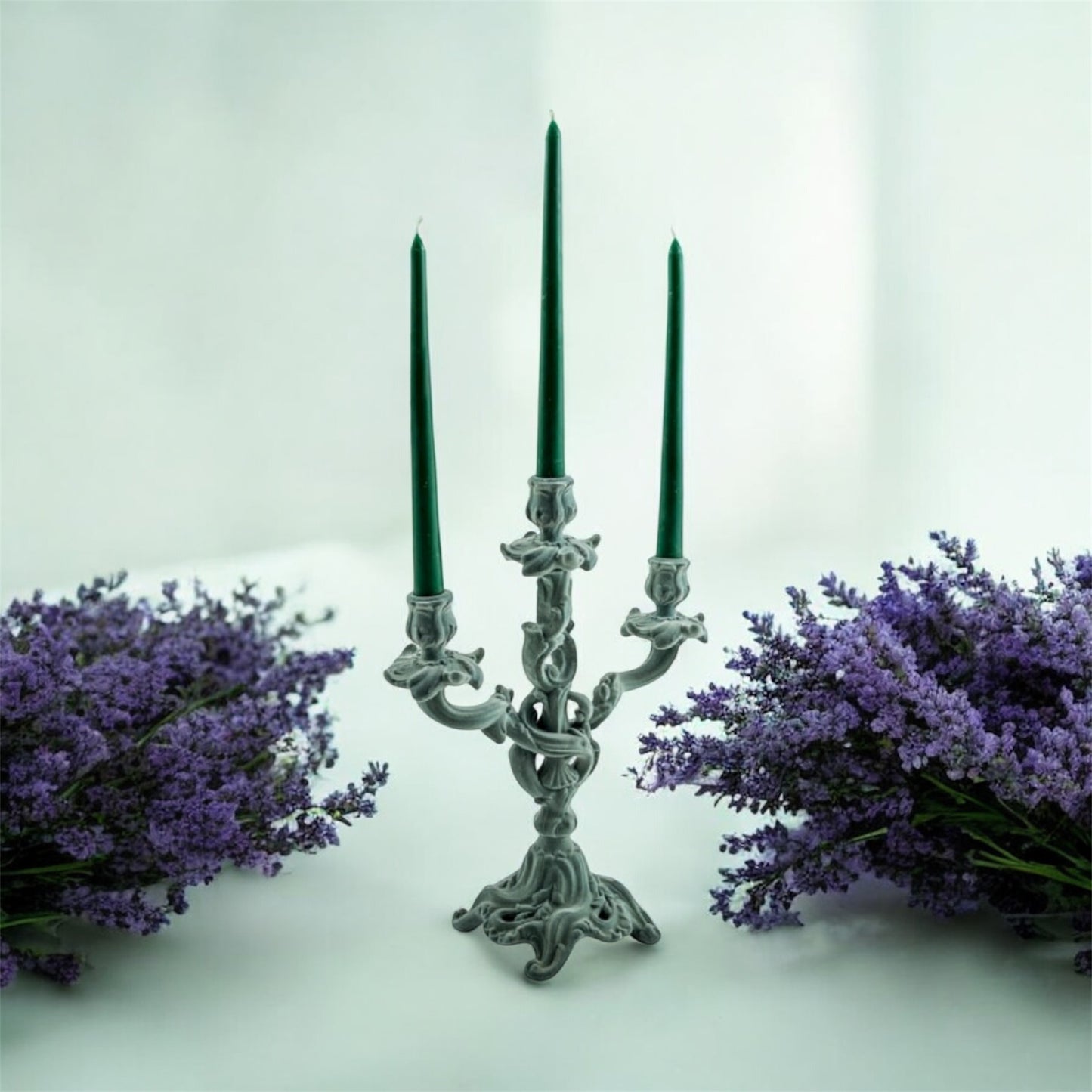 Light Grey/Blue Flock Ornate Candelabra – Luxe Velvet-Look Candle Holder