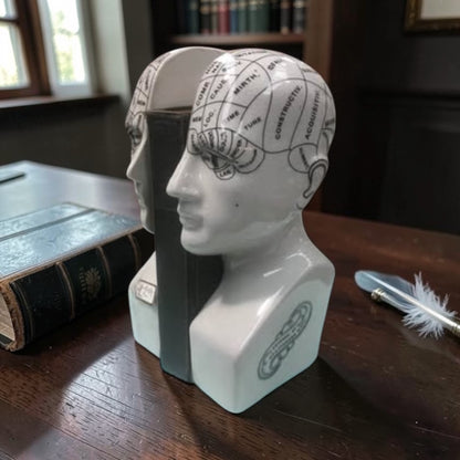 Antiqued  ceramic phrenology head bookends/ornaments