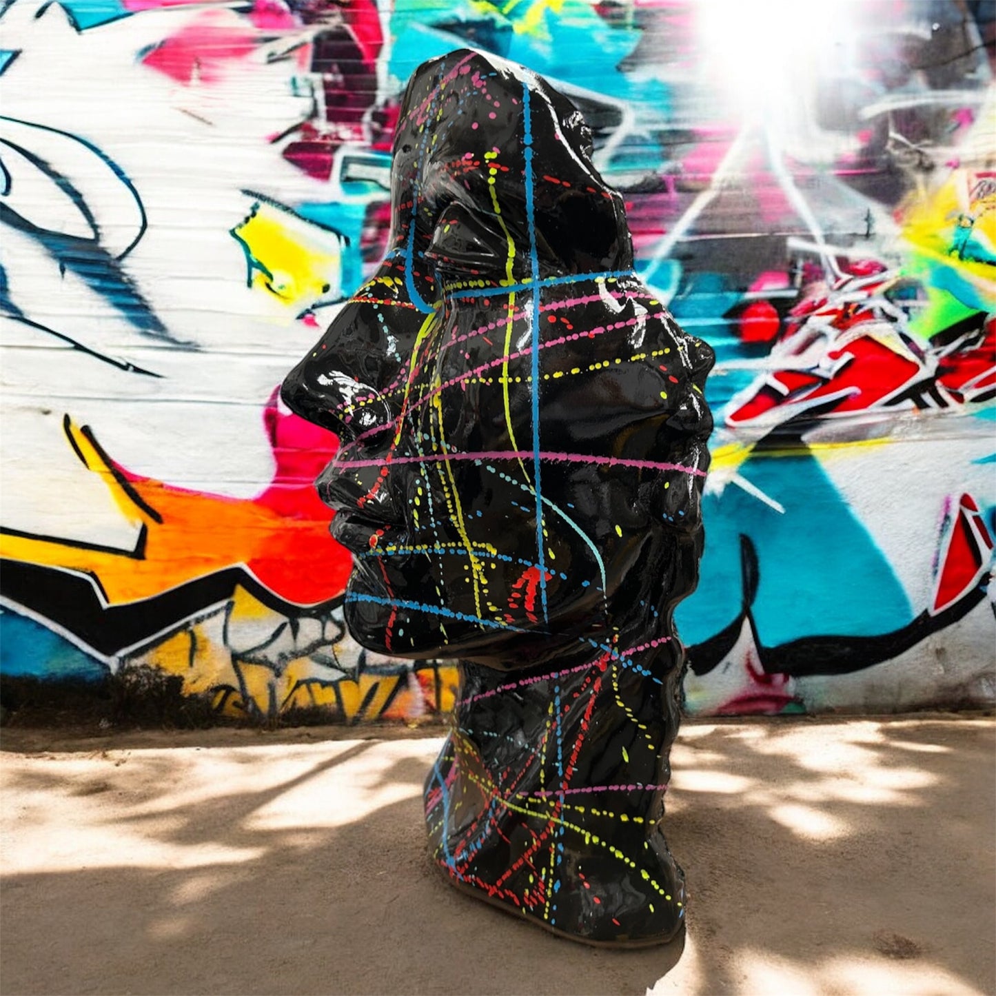 Black Splash Face Sculpture – Modern Artistic Head Statue