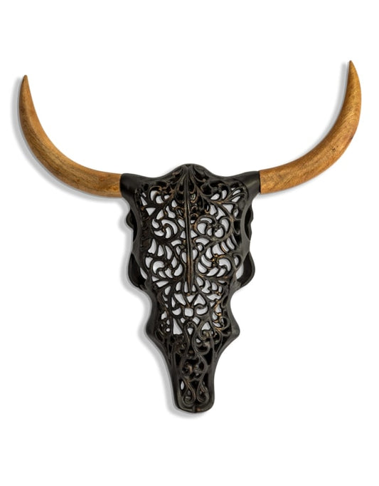 Distressed Black & Wood Tribal Bison Wall Head – Bold Boho Animal Wall Art