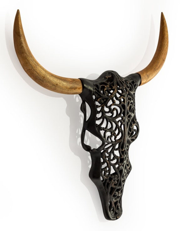 Distressed Black & Wood Tribal Bison Wall Head – Bold Boho Animal Wall Art