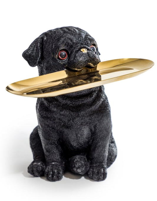 Black Pug Dog Holding Gold Tray - Charming Resin Figurine | Sign of the times Stoke