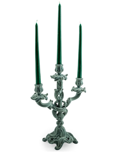 Light Grey/Blue Flock Ornate Candelabra – Luxe Velvet-Look Candle Holder