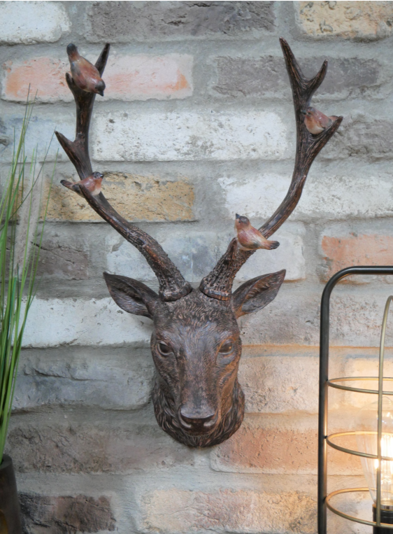 Rustic Brown Stag Head with Robins – Resin Wall Decor | Sign of the times Stoke