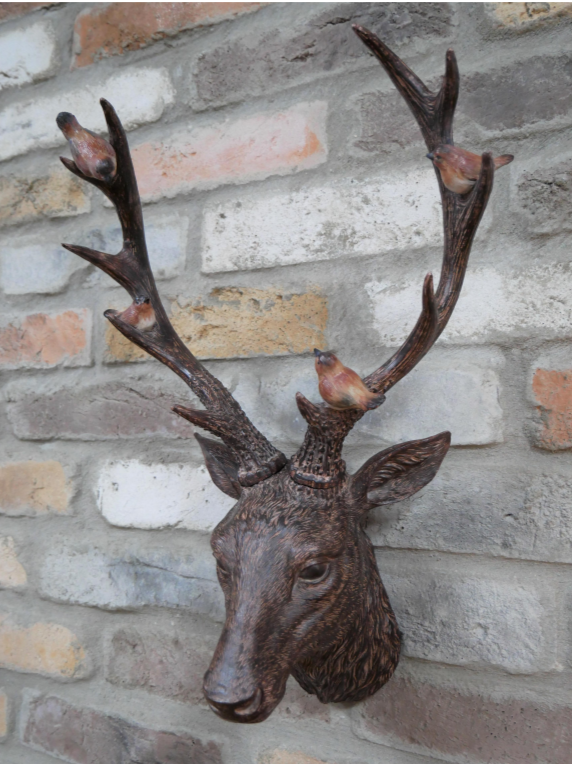 Rustic Brown Stag Head with Robins – Resin Wall Decor | Sign of the times Stoke