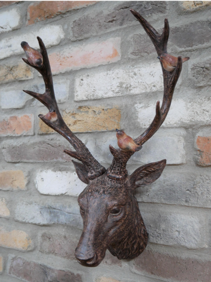 Rustic Brown Stag Head with Robins – Resin Wall Decor | Sign of the times Stoke