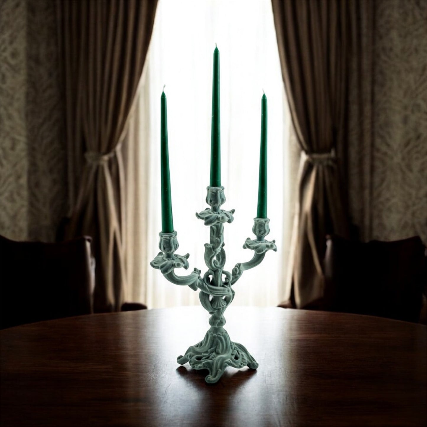 Light Grey/Blue Flock Ornate Candelabra – Luxe Velvet-Look Candle Holder