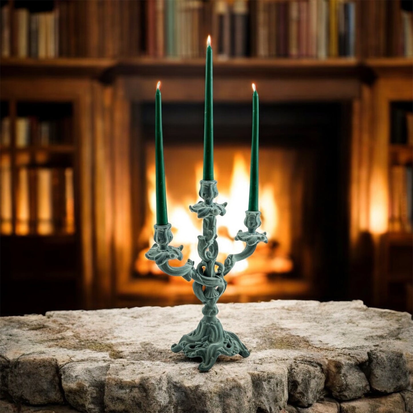 Light Grey/Blue Flock Ornate Candelabra – Luxe Velvet-Look Candle Holder