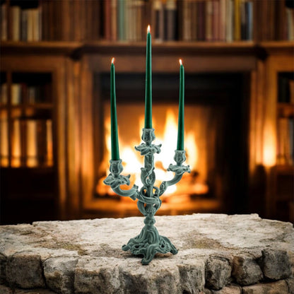 Light Grey/Blue Flock Ornate Candelabra – Luxe Velvet-Look Candle Holder