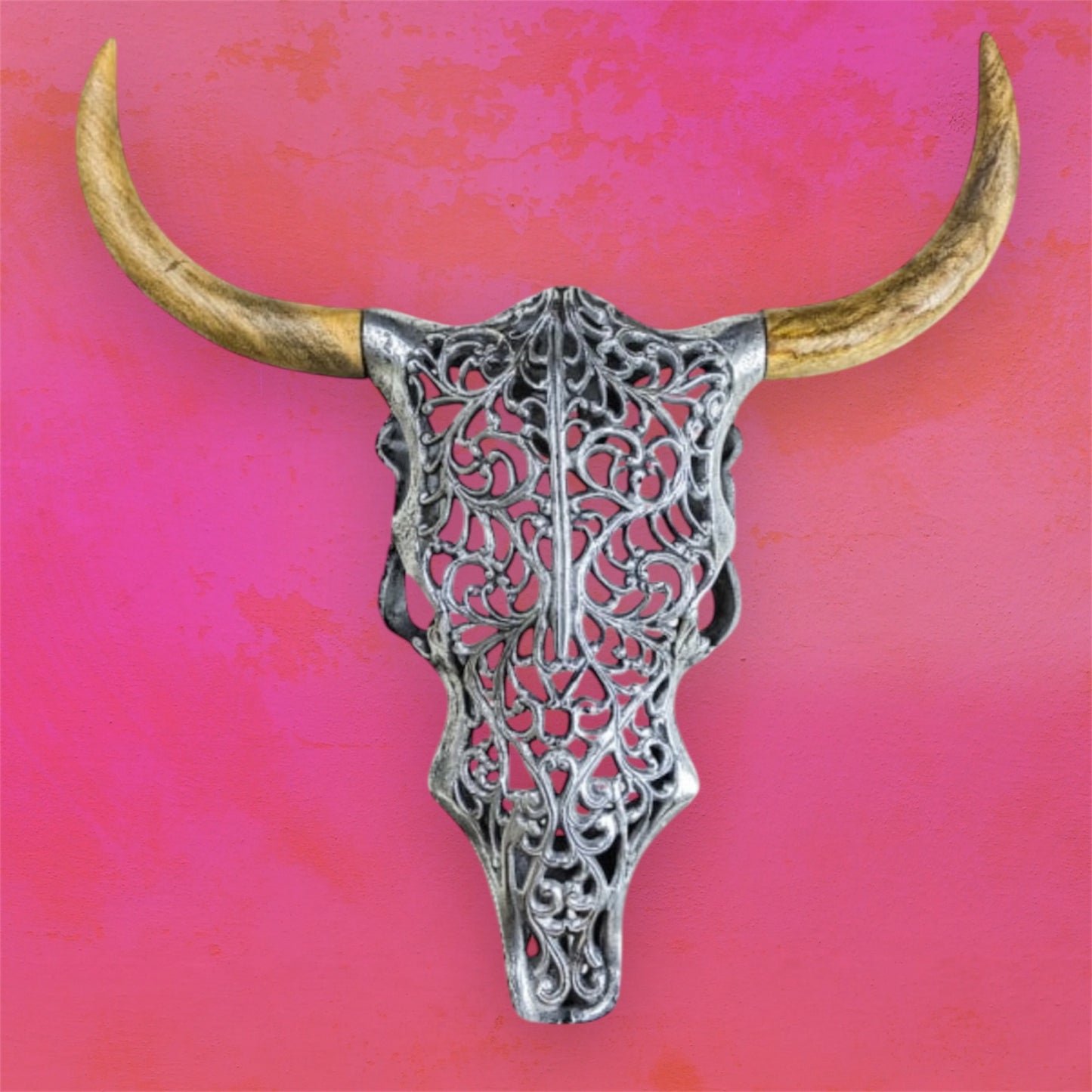 Silver Bison Skull Wall Mount - Antique Aluminium and Wood Tribal Decor