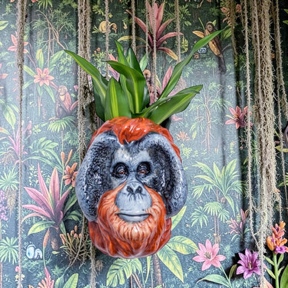 Hand Painted Ceramic Orangutan Head Wall Sconce Vase – Artistic Wall Déco
