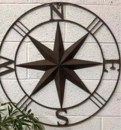 Metal Wall Compass - Rust Coloured Decorative Compass