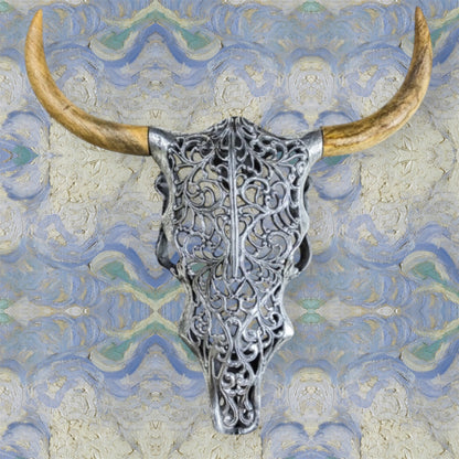 Silver Bison Skull Wall Mount - Antique Aluminium and Wood Tribal Decor