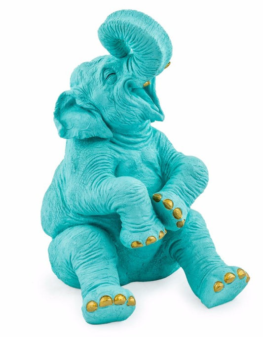 Pale Blue Laughing Elephant with Gold Details – Elegant Decorative Sculpture