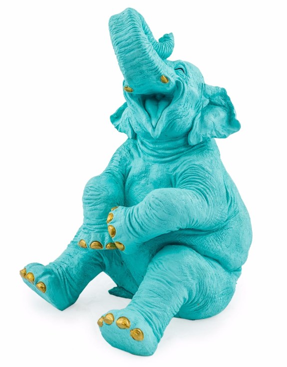 Pale Blue Laughing Elephant with Gold Details – Elegant Decorative Sculpture