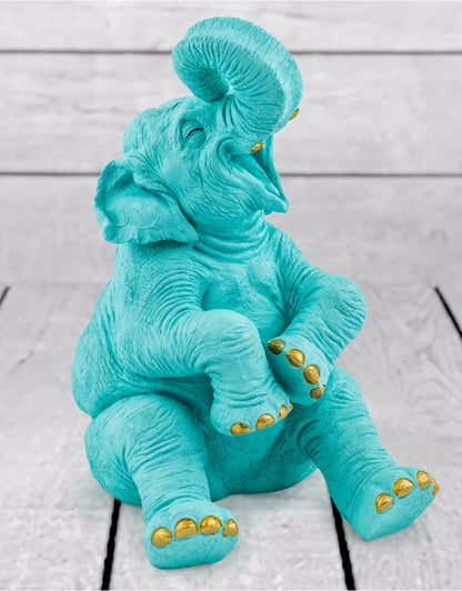 Pale Blue Laughing Elephant with Gold Details – Elegant Decorative Sculpture