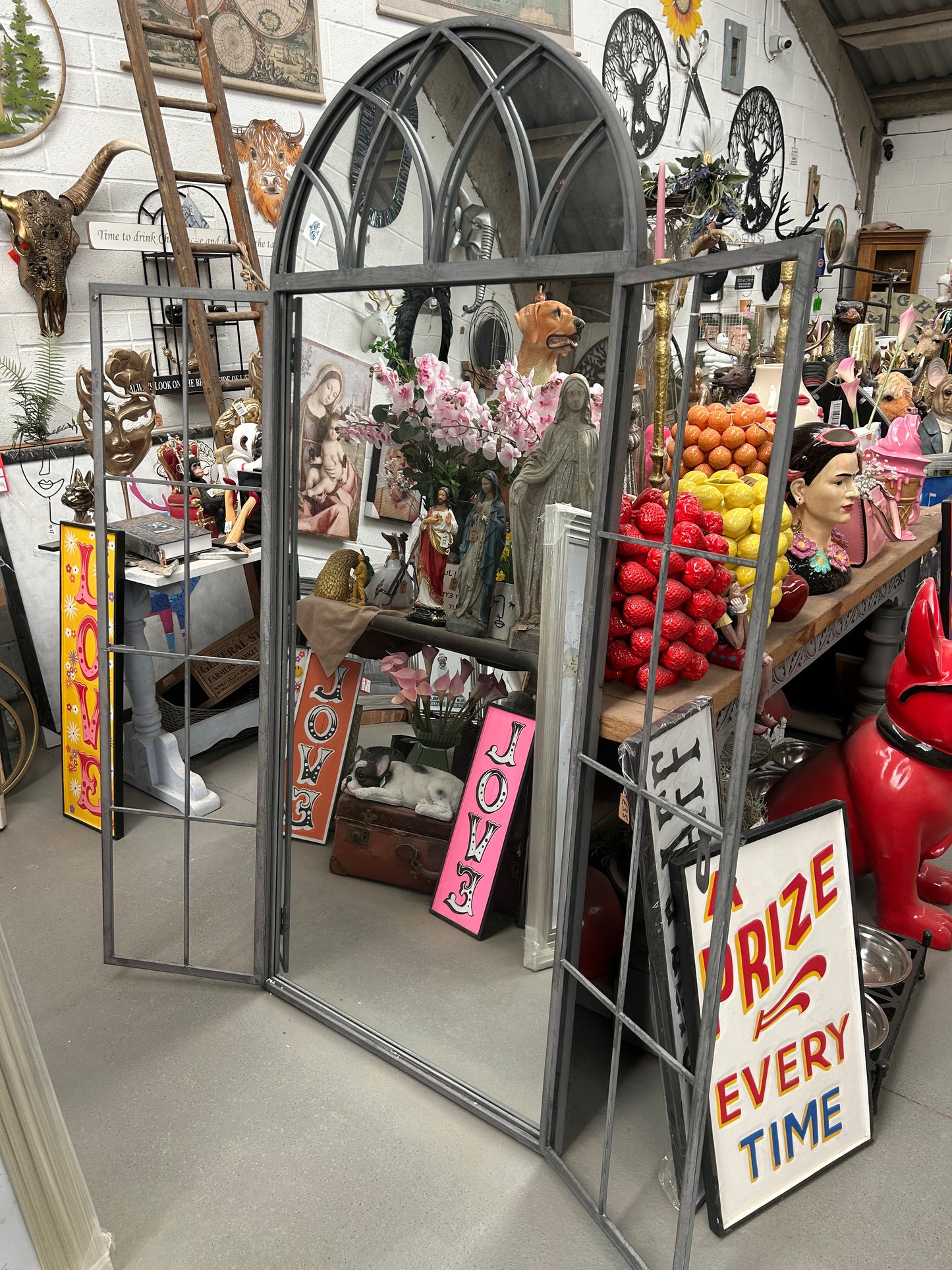 Grey metal outdoor mirror - Large antiqued arch design with opening doors
