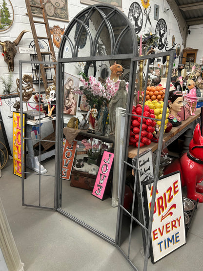 Grey metal outdoor mirror - Large antiqued arch design with opening doors