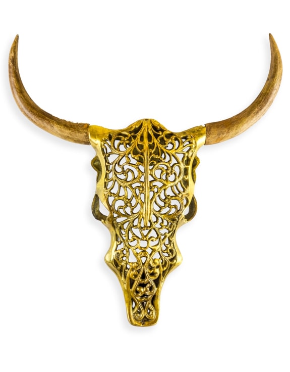 Gold Bison Skull Wall Mount - Antique Aluminium and Wood Tribal Decor | Sign of the times Stoke