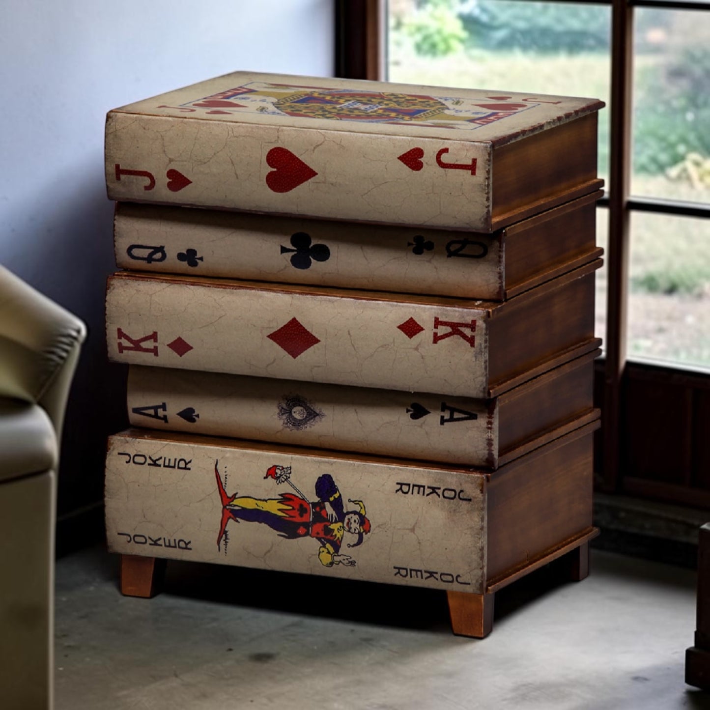 Antiqued Stacked Playing Cards Chest of Drawers - Unique Vintage-Style Storage