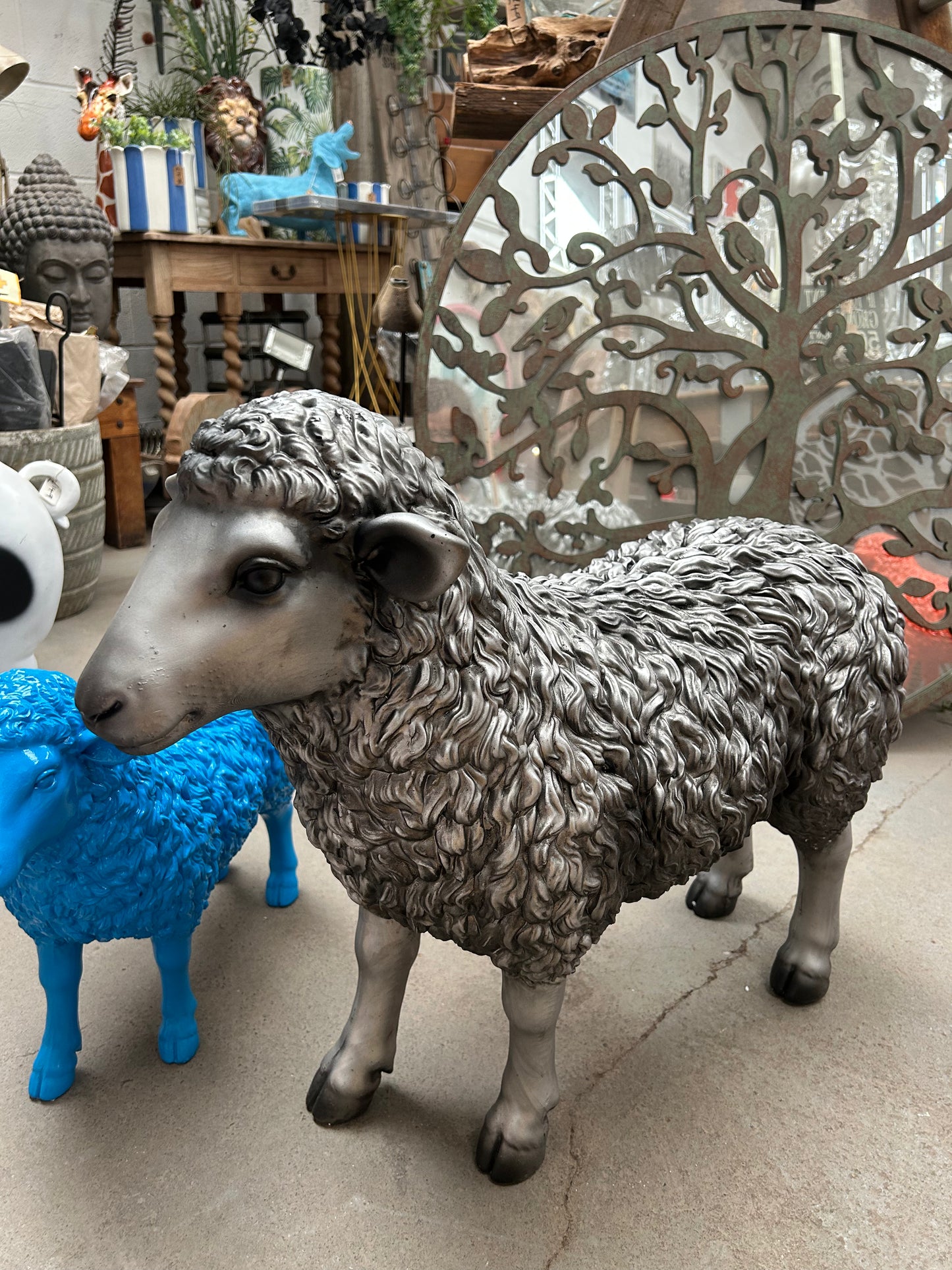 Silver/Grey Resin Sheep – Large Decorative Animal Sculpture