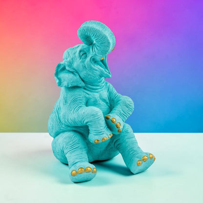 Pale Blue Laughing Elephant with Gold Details – Elegant Decorative Sculpture