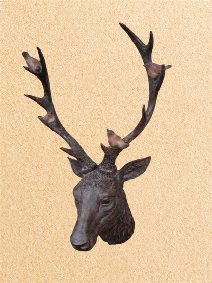 Rustic Brown Stag Head with Robins – Resin Wall Decor