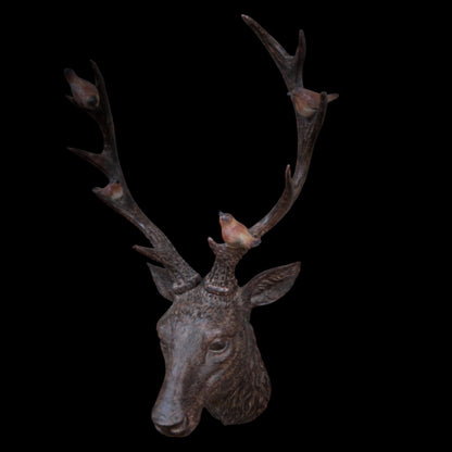 Rustic Brown Stag Head with Robins – Resin Wall Decor