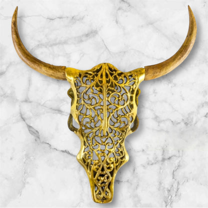 Gold Bison Skull Wall Mount - Antique Aluminium and Wood Tribal Decor