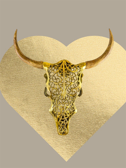 Gold Bison Skull Wall Mount - Antique Aluminium and Wood Tribal Decor