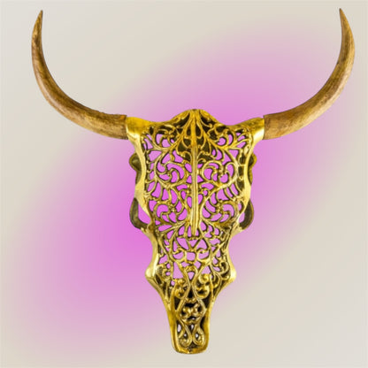 Gold Bison Skull Wall Mount - Antique Aluminium and Wood Tribal Decor
