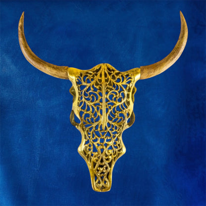 Gold Bison Skull Wall Mount - Antique Aluminium and Wood Tribal Decor