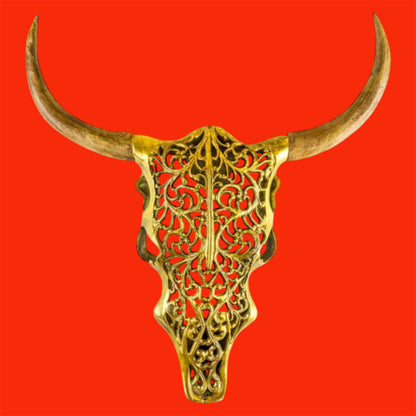 Gold Bison Skull Wall Mount - Antique Aluminium and Wood Tribal Decor