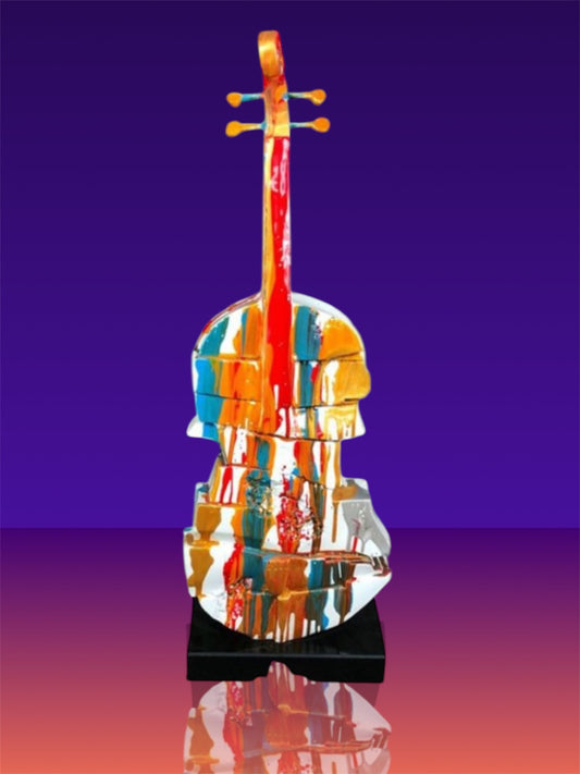 Splash Painted Violin Sculpture – Rotating Resin Art on Black Marble Base