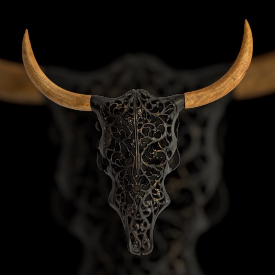 Distressed Black & Wood Tribal Bison Wall Head – Bold Boho Animal Wall Art