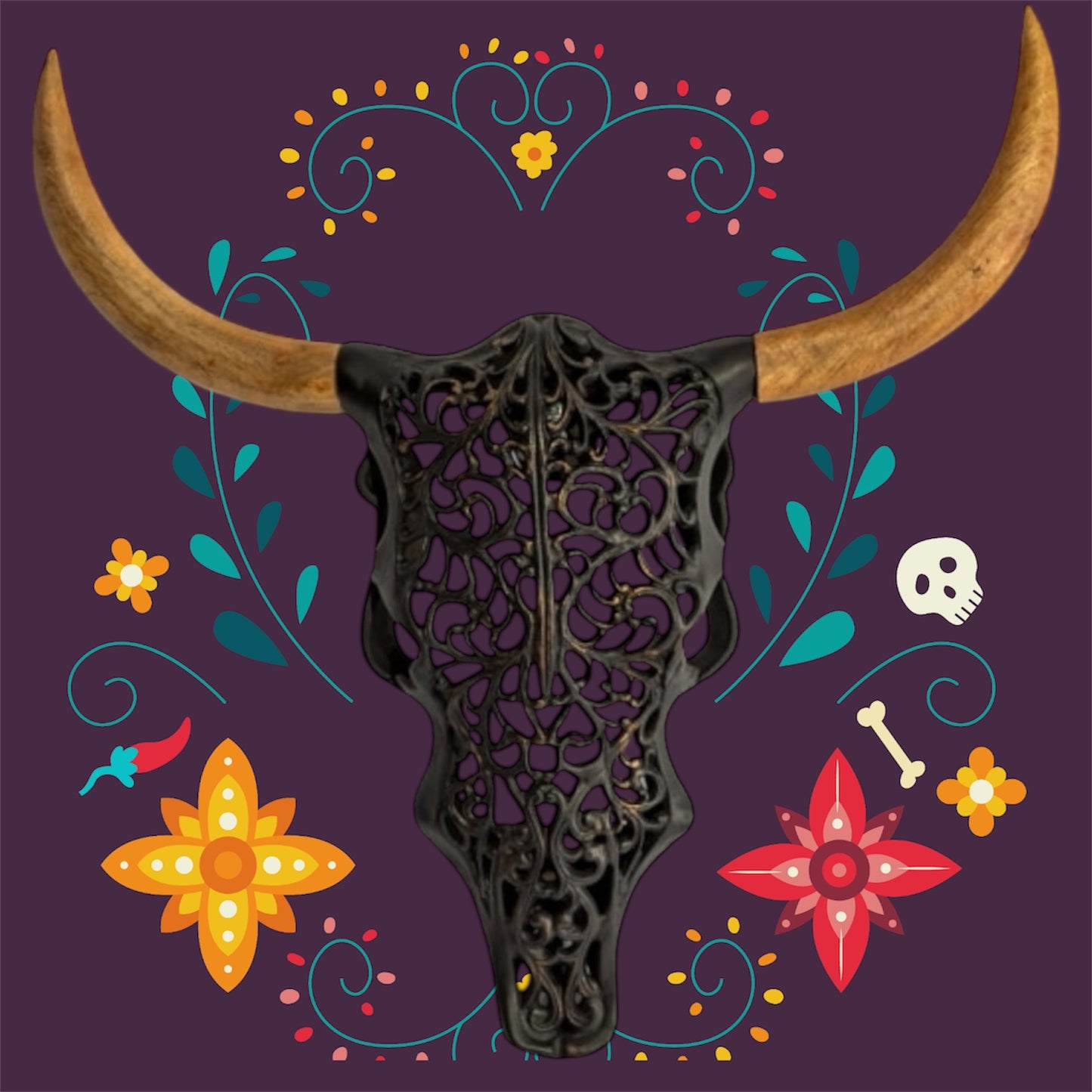 Distressed Black & Wood Tribal Bison Wall Head – Bold Boho Animal Wall Art