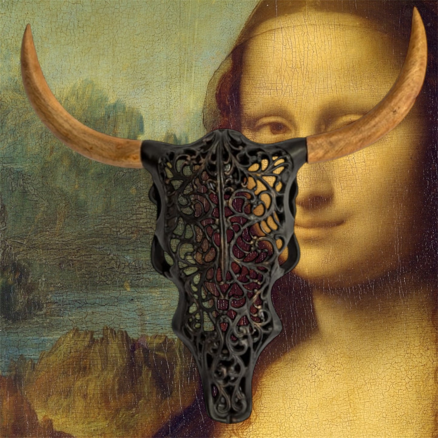 Distressed Black & Wood Tribal Bison Wall Head – Bold Boho Animal Wall Art
