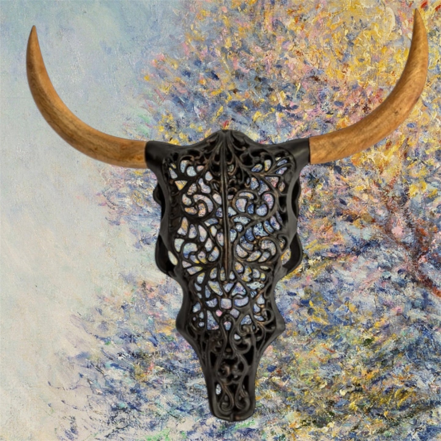Distressed Black & Wood Tribal Bison Wall Head – Bold Boho Animal Wall Art