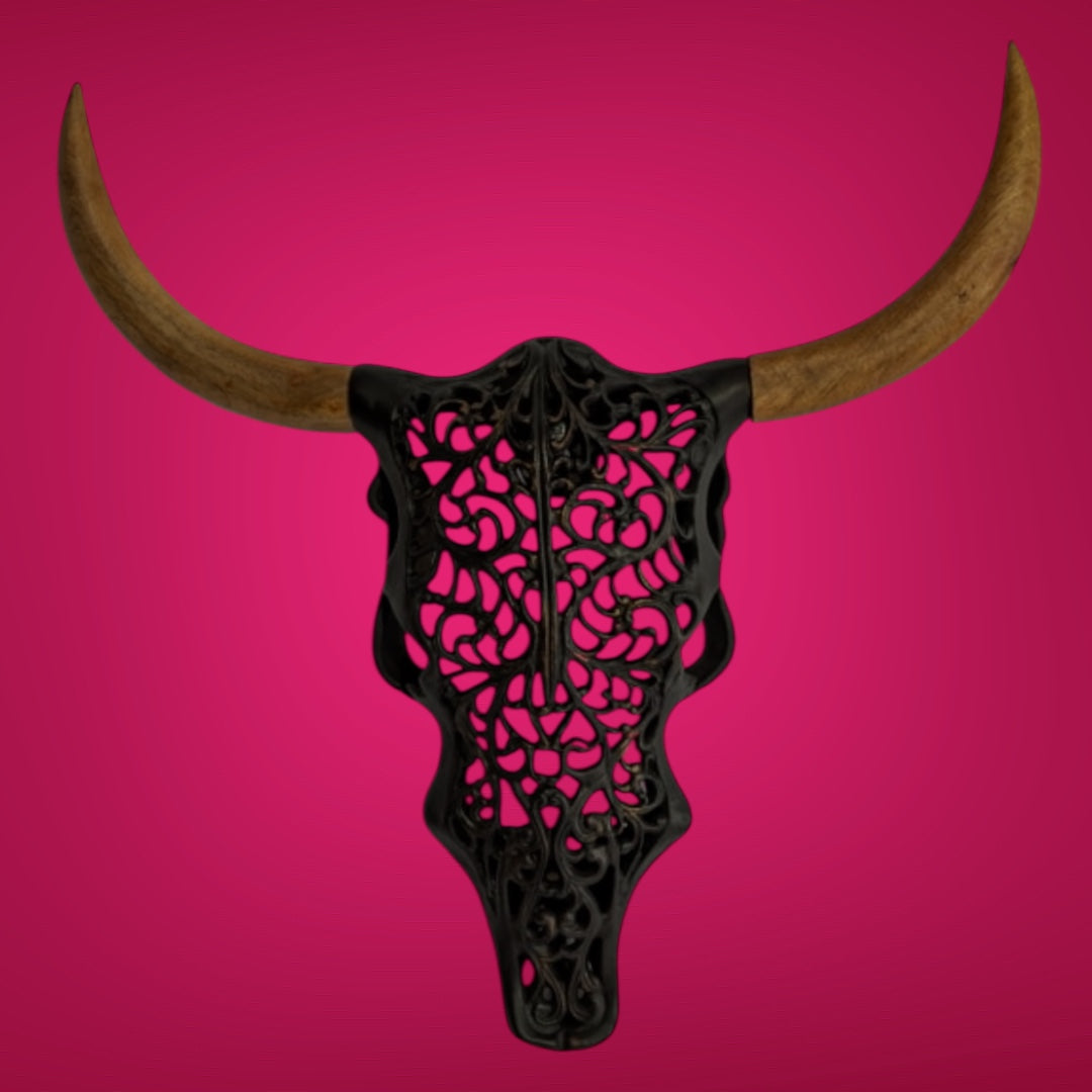 Distressed Black & Wood Tribal Bison Wall Head – Bold Boho Animal Wall Art
