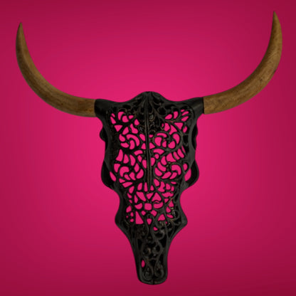 Distressed Black & Wood Tribal Bison Wall Head – Bold Boho Animal Wall Art