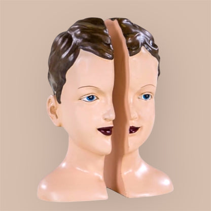 Antiqued Split Art Deco Head Bookends - Quirky Resin Decor