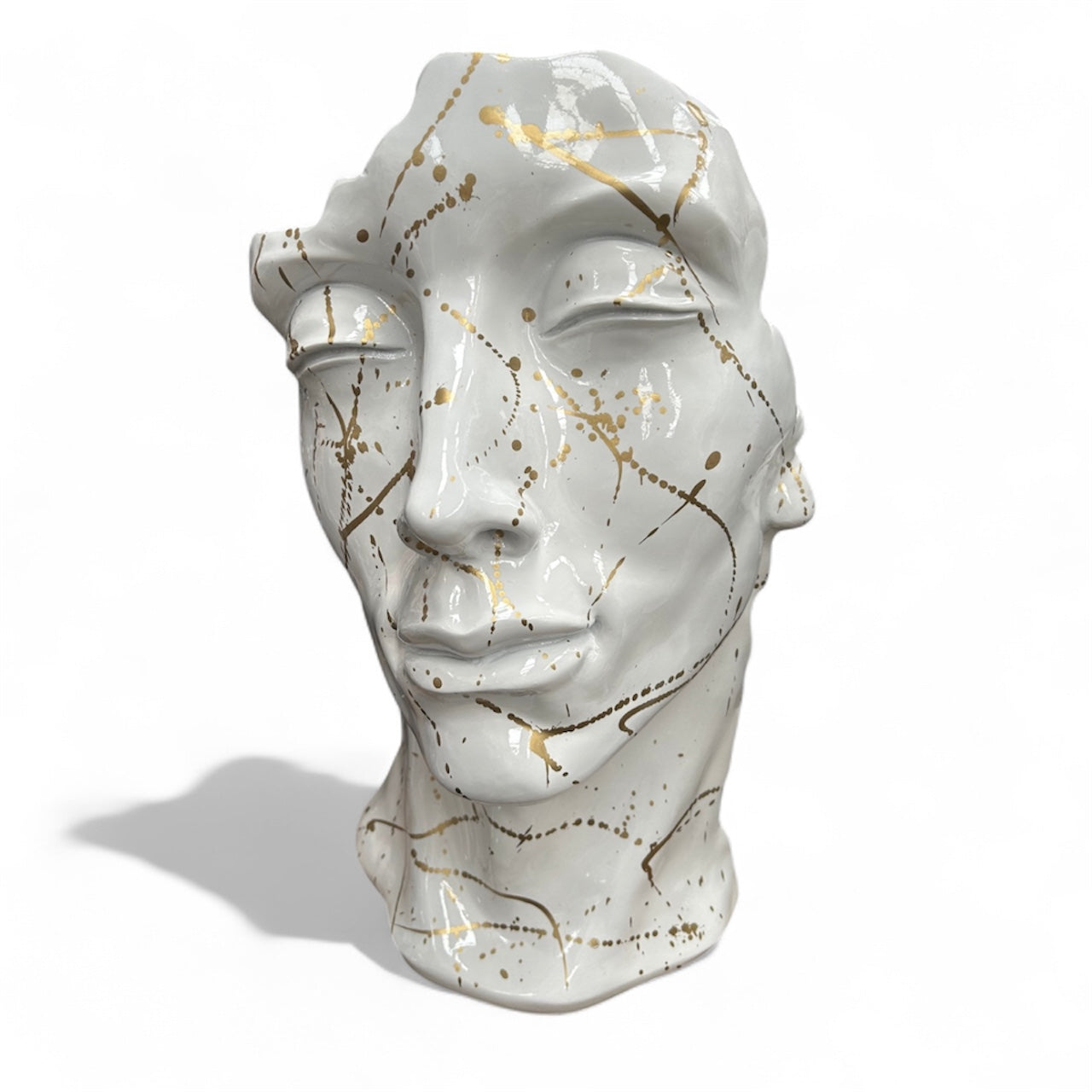White & Gold Splash Face Sculpture – Modern Artistic Head Statue