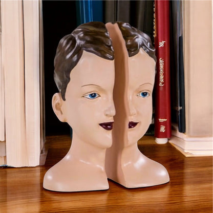 Antiqued Split Art Deco Head Bookends - Quirky Resin Decor