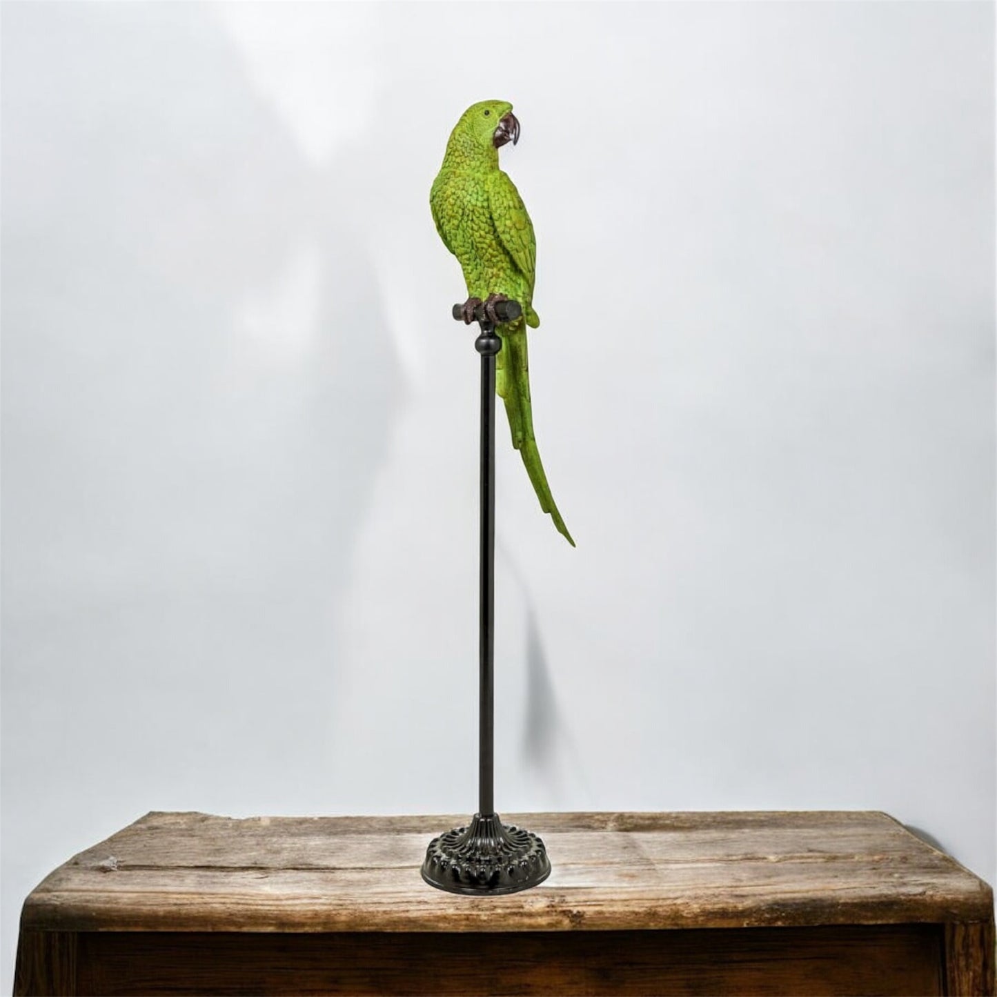 Large Green Parrot on Floor-Standing Perch – Vibrant Tropical Bird Decor