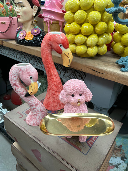 Pink Poodle Dog Holding Gold Tray – Glamorous & Quirky Home Decor Accent