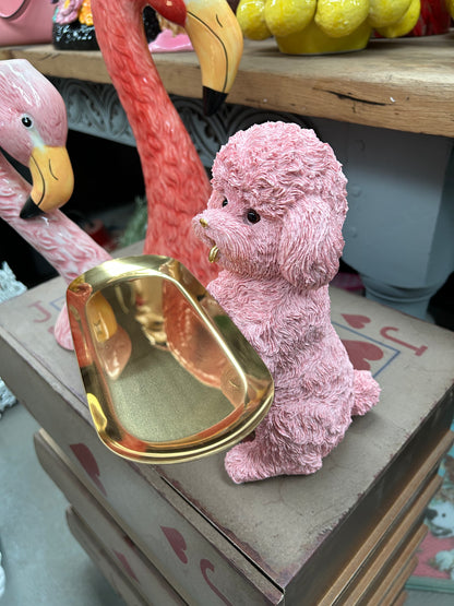 Pink Poodle Dog Holding Gold Tray – Glamorous & Quirky Home Decor Accent